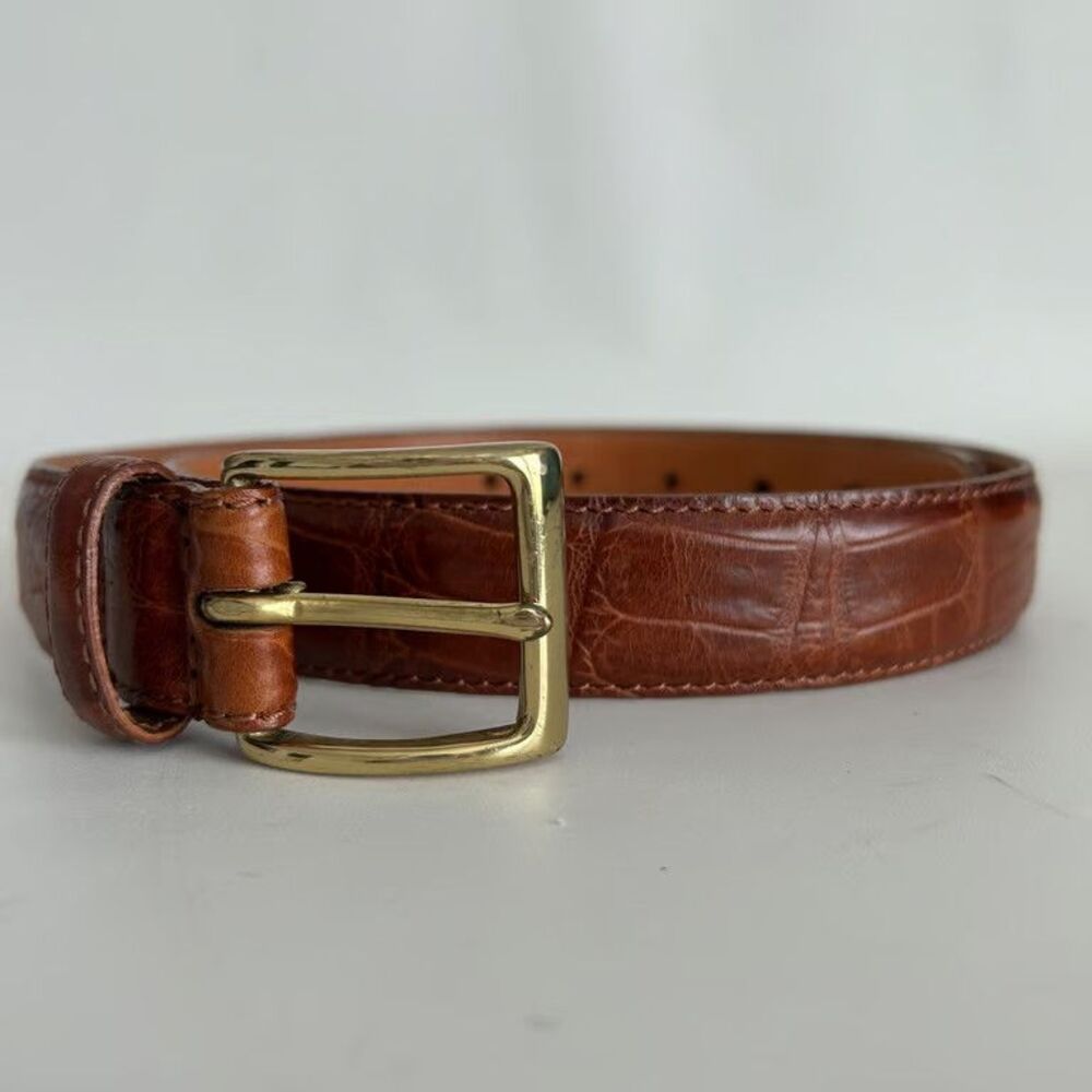 Mens Brown Leather Belt Crocodile Embossed Top Grain Cowhide Gold Buckle Size 38